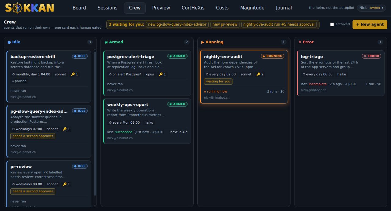 The Crew tab in SOKKAN 3.1: a deck of agent cards in four columns, idle, armed, running and error, with pending approvals